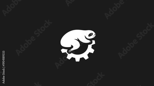 A white sloth design on a black background, depicted sitting on a gear