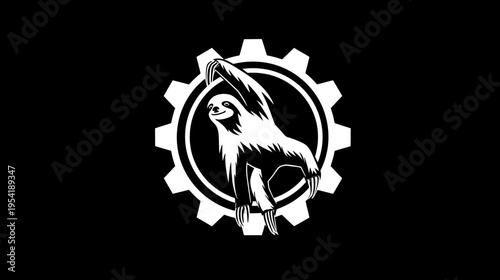 Black and white illustration featuring a sloth inside a gear, centered on a black background