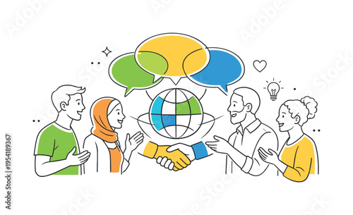 A multicultural team engaging in open dialogue and collaboration to strengthen relationships and understanding within a community setting, represented by a clear visual metaphor of