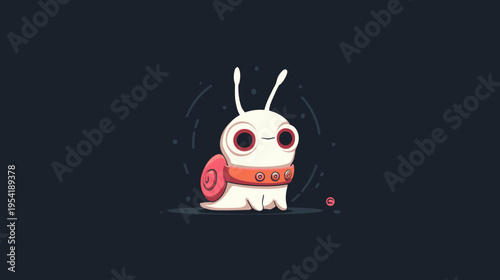A charming, pixelated snail-like creature with large eyes, antennas, and a coral-colored shell