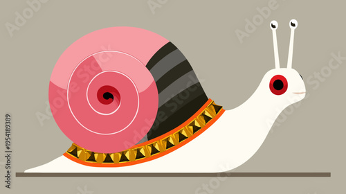 Animated snail illustration with a pink shell, antennae, and golden decorative details