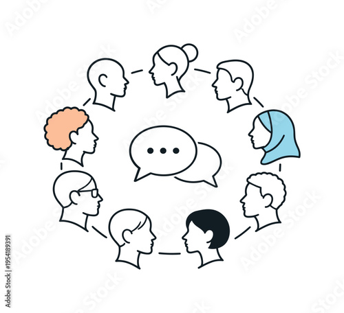 Community engagement and cross cultural dialogue in a modern social environment encouraging empathy and positive connections, a circular arrangement of minimal diverse profile