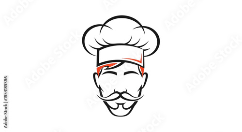 Minimalist chef logo icon with mustache and professional toque hat on white background