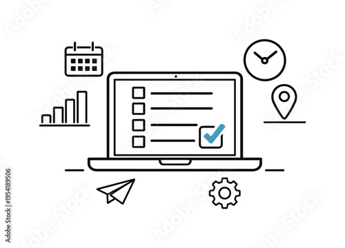 Productivity and task management concept focused on organizing work and tracking progress in a digital environment, a clean scene with a laptop displaying a checklist and a single