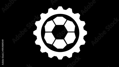 Black and white gear with soccer ball. A logo of a soccer ball surrounded by a white gear on a black background