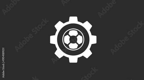 A white gear icon encompassing a soccer ball design, set against a dark gray background