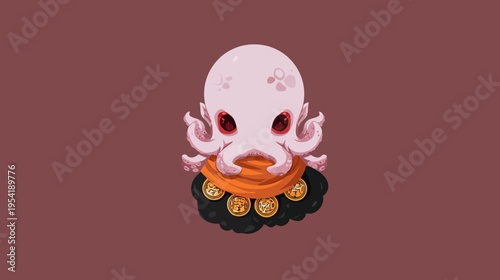 Pixelated illustration of an octopus with red eyes wearing an orange scarf and gold coin necklace
