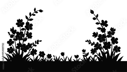 Black silhouette of wildflowers and grass forming a decorative garden border, ideal for nature-themed minimalist designs and backgrounds
