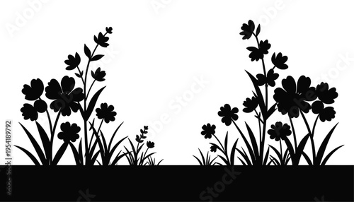 Black silhouette of wildflowers and grass forming a decorative border, ideal for nature themes, spring designs, and elegant floral compositions