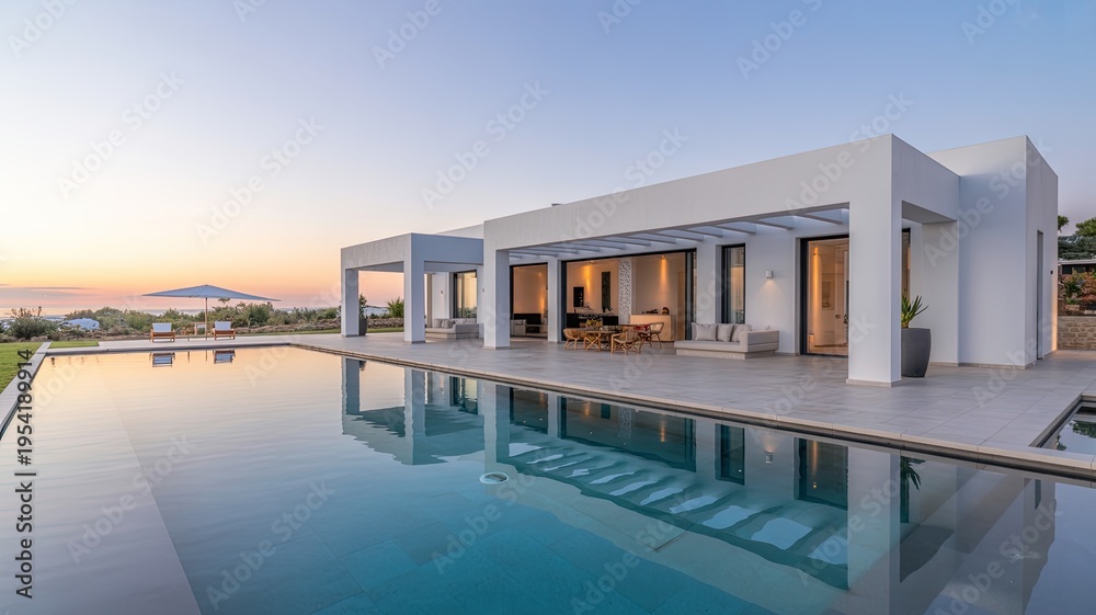 Fototapeta premium A modern white villa with a large pool and outdoor living area at sunset