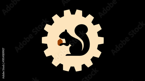 Stylized squirrel silhouette holding nut within a beige gear shape against a black background