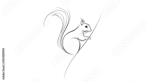 A sketch of a squirrel with a large bushy tail clinging to a curved branch