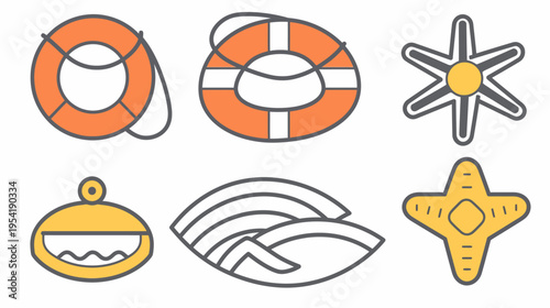 Assortment of aquatic-themed icons, featuring lifebuoys, a water shape, and abstract shapes