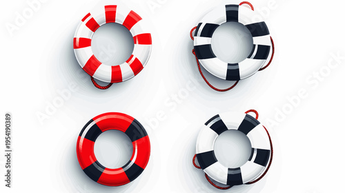 Four stylized lifebuoys in red and black, and white striped patterns on white background