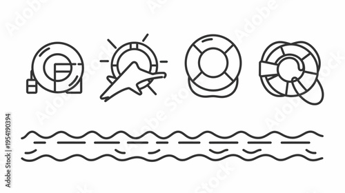 Linear drawings of life rings and water. Conceptual elements for nautical, aquatic, or survival themes