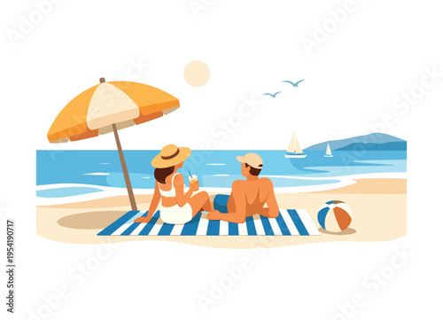 A relaxing summer vacation scene where people enjoy a peaceful moment by the sea during warm sunny weather, represented with a beach umbrella, a striped beach towel, and a small