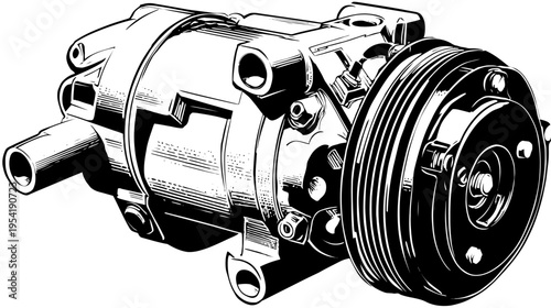 Detailed black and white technical illustration of a mechanical device with pulley and various components