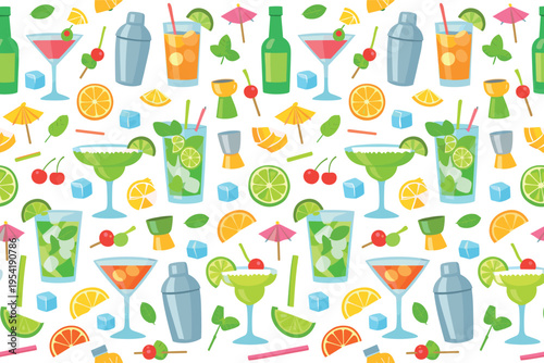 Cocktail drinks seamless pattern for bar and nightlife themes featuring martini glass, margarita glass, mojito glass, highball glass, cocktail shaker, jigger, citrus slice, lime