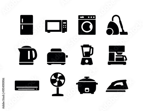 Home appliances and electronics: refrigerator, microwave oven, washing machine, vacuum cleaner, electric kettle, toaster, blender, coffee maker, air conditioner unit, standing fan