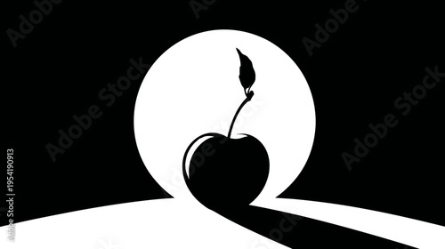 A black and white minimalistic design featuring a cherry in front of a bright circle