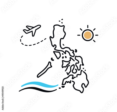 Travel planning and island hopping adventure inspiration across a tropical Southeast Asian destination attracting global tourists and digital nomads, a simplified Philippines map