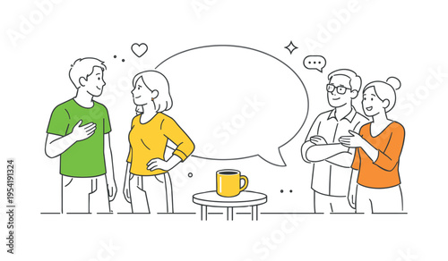 Friendly conversation moment where two people stand facing each other beside a large speech bubble and a simple coffee mug placed on a small table, symbolizing open communication