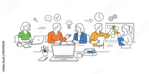 Office productivity and daily work activities concept showing employees performing different tasks such as typing, meeting, and organizing workflows in a modern workplace, using a