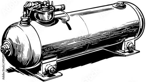 A detailed illustration of a cylindrical metal tank with connected components and supports
