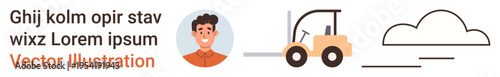 Industrial safety, logistics, cloud technology, business management, automation, digital tools. Headshot of a worker and forklift next to a cloud icon. Industrial safety and logistics concept