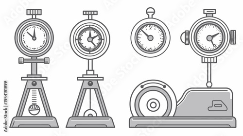 Four mechanical gauge icons, linear, gray, on stands or bases, white background, indicators, dials