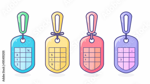 Four colorful cartoon tags with calculator grids and mathematical symbols on a white background