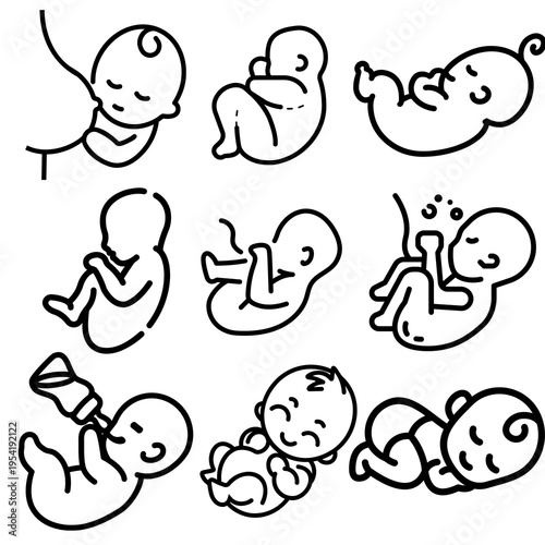 Baby Development Stages Set – Newborn Growth, Infant Poses Line Icons Vector