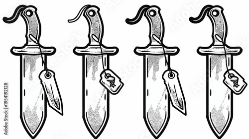 Four sketch-styled daggers with price tags, set against a plain white backdrop