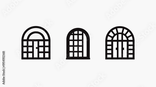 Three arched windows, each with different patterns, in black, against a white backdrop