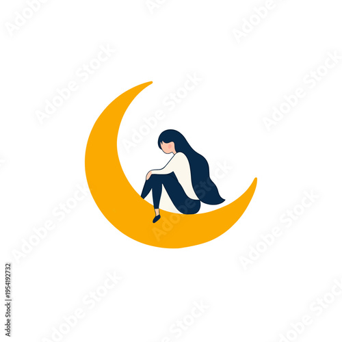 Woman sitting on crescent moon, looking down with long dark hair Concept of solitude, dreams, night, and contemplation Minimalist illustration with copy space