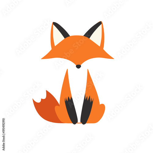 Cute cartoon fox sitting, illustration of a playful red fox with bushy tail, simple flat design, adorable animal character for childrens books and nature themes