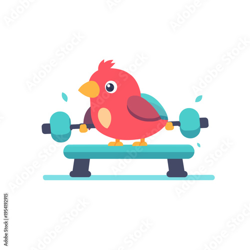 Cute red bird lifting weights on bench press, fitness and exercise concept, healthy lifestyle and workout motivation, cartoon character with determined expression