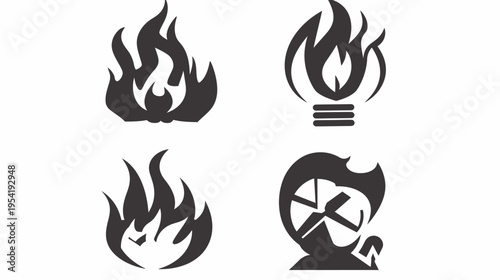 Four stylized black flame icons on a white background, vector graphics, varied abstract designs