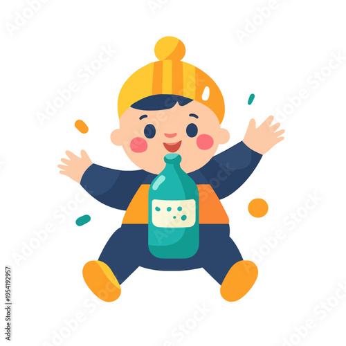 Baby boy in winter hat and snowsuit holding bottle, celebrating with confetti Concept of childhood, winter, and joy