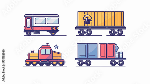 Illustration of four train cars, each stylized in cartoonish, flat design, isolated
