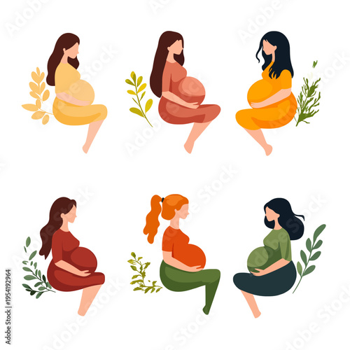 Canvas Print Pregnant women sitting with plants, diverse women in different dresses, concept