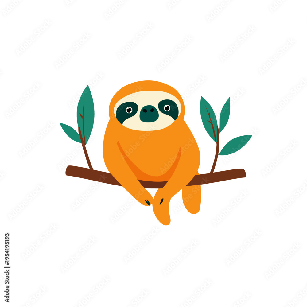 Obraz premium Cute orange sloth hanging on tree branch with green leaves, relaxed and calm mood, simple flat illustration for childrens books and nature themes