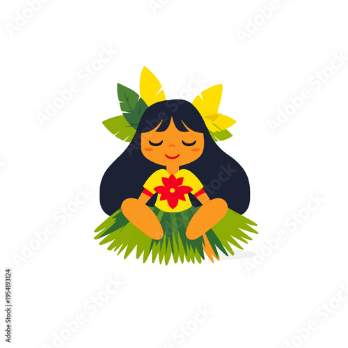 Young girl in Hawaiian hula costume with grass skirt and flower, meditating peacefully Concept of tropical vacation, culture, and relaxation