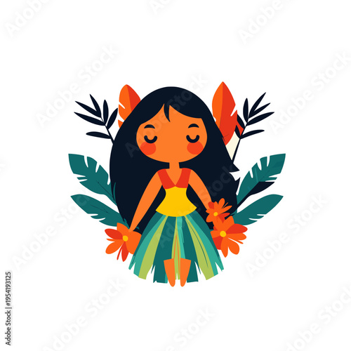 Photos Cute Hawaiian girl in hula skirt with flowers and tropical leaves, smiling with