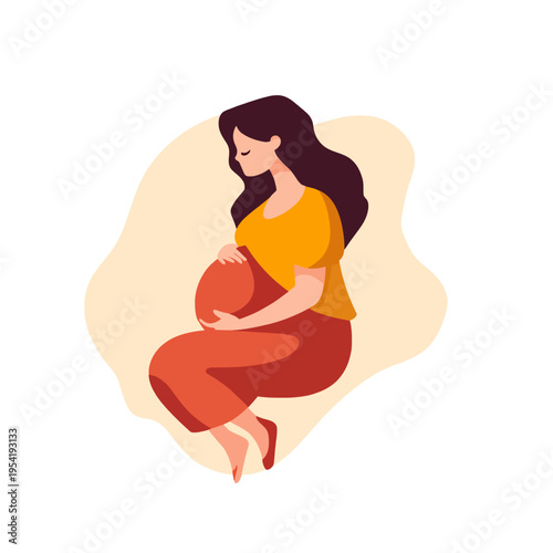 Pregnant woman holding belly, serene expectant mother in comfortable clothing, concept of new life, motherhood, and anticipation