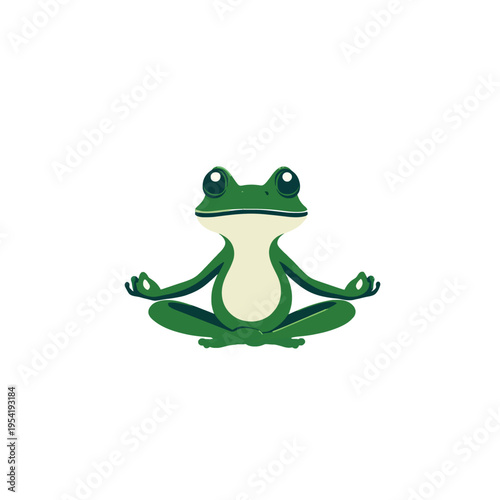 Green frog meditating in lotus pose, serene animal doing yoga, peaceful amphibian in zen, mindfulness and relaxation concept, isolated on white background
