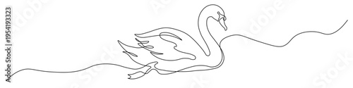 Elegant minimalist illustration of a swan, made with one continuous line in monoline style. Smooth, graceful contours form the silhouette of a bird with spread wings, creating a feeling of lightness a