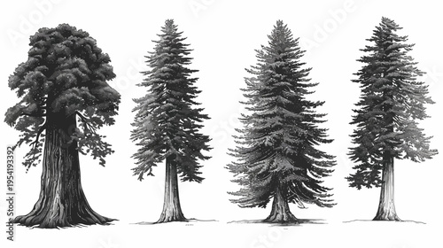 Four grayscale sketches of diverse, mature conifer trees against white backdrop