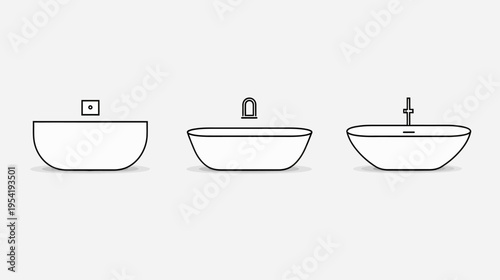 Three simple line drawings of freestanding tubs with different faucet designs