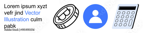 Financial technology, user accounts, cryptocurrency, digital payments, finance, budgeting. Coin icon, user profile symbol and calculator graphic. Cryptocurrency and financial technology concept